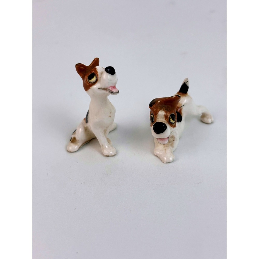 Vintage Lefton Japan Puppy Dog Figurines Pair Brown White Ceramic Miniatures